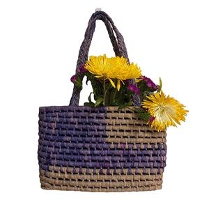 𝅺Woven Purple & Beige Straw Tote Bag